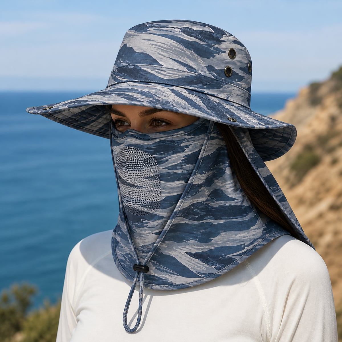 Custom Full Face Sun Hat 6 Camo Patterns – Style 14 on model