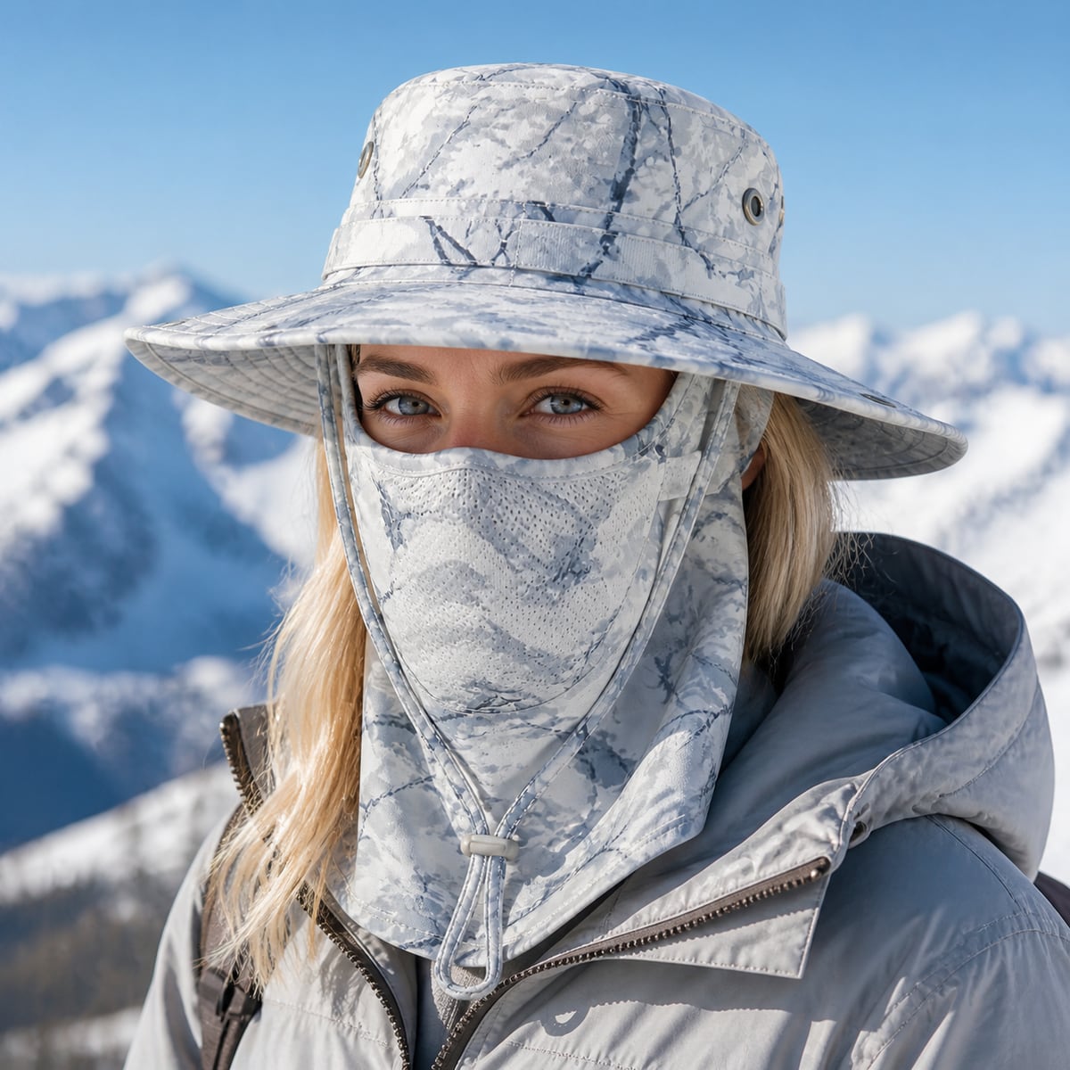 Custom Full Face Sun Hat 6 Camo Patterns – Style 14 on model