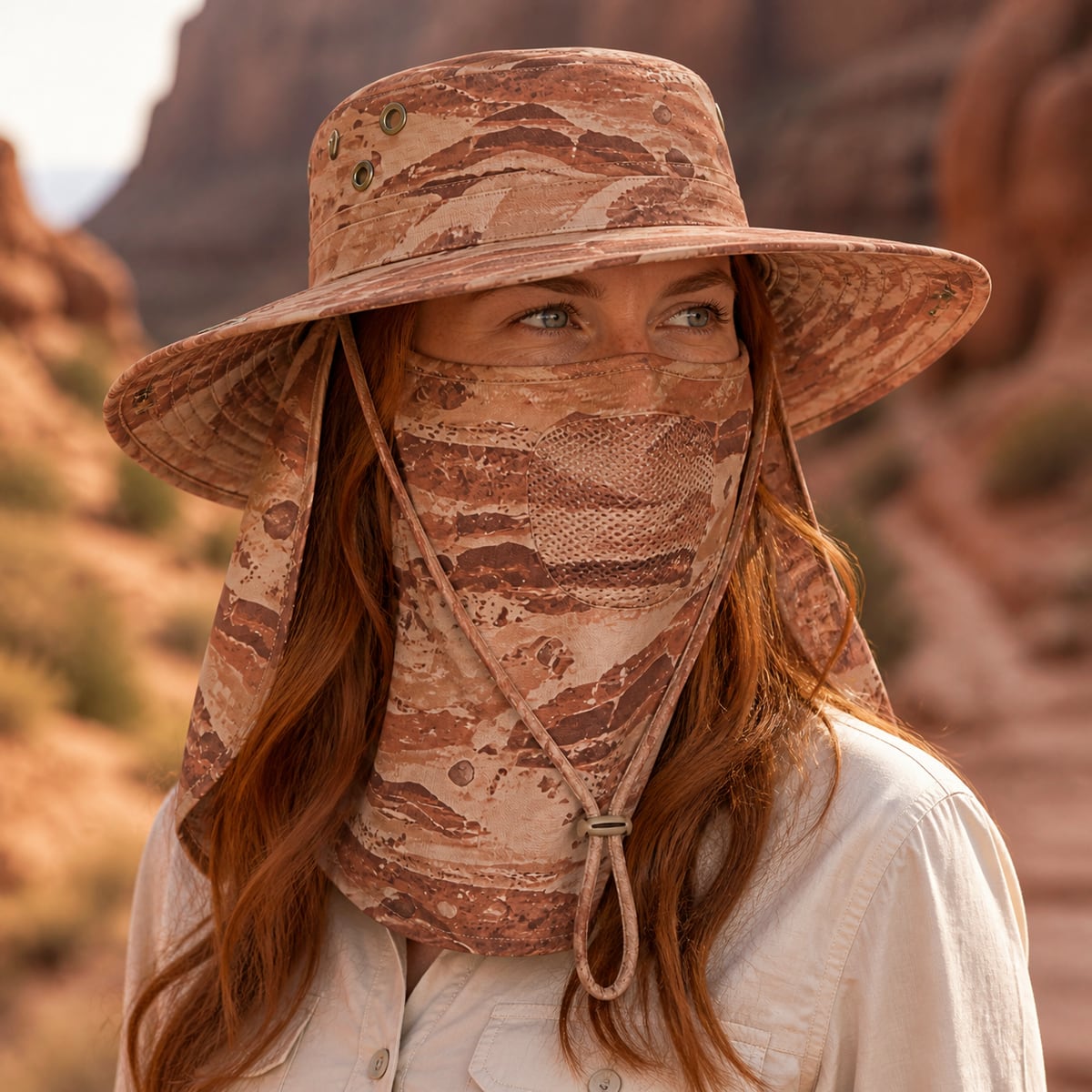 Custom Full Face Sun Hat 6 Camo Patterns – Style 14 on model
