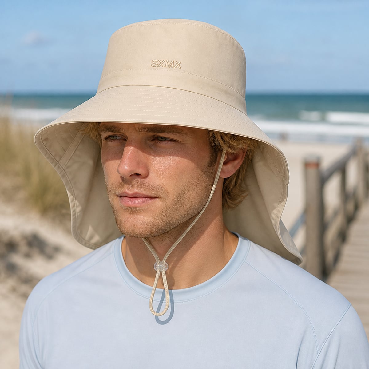 Custom Sun Protection Neck Flap Hat – Style 15 on model