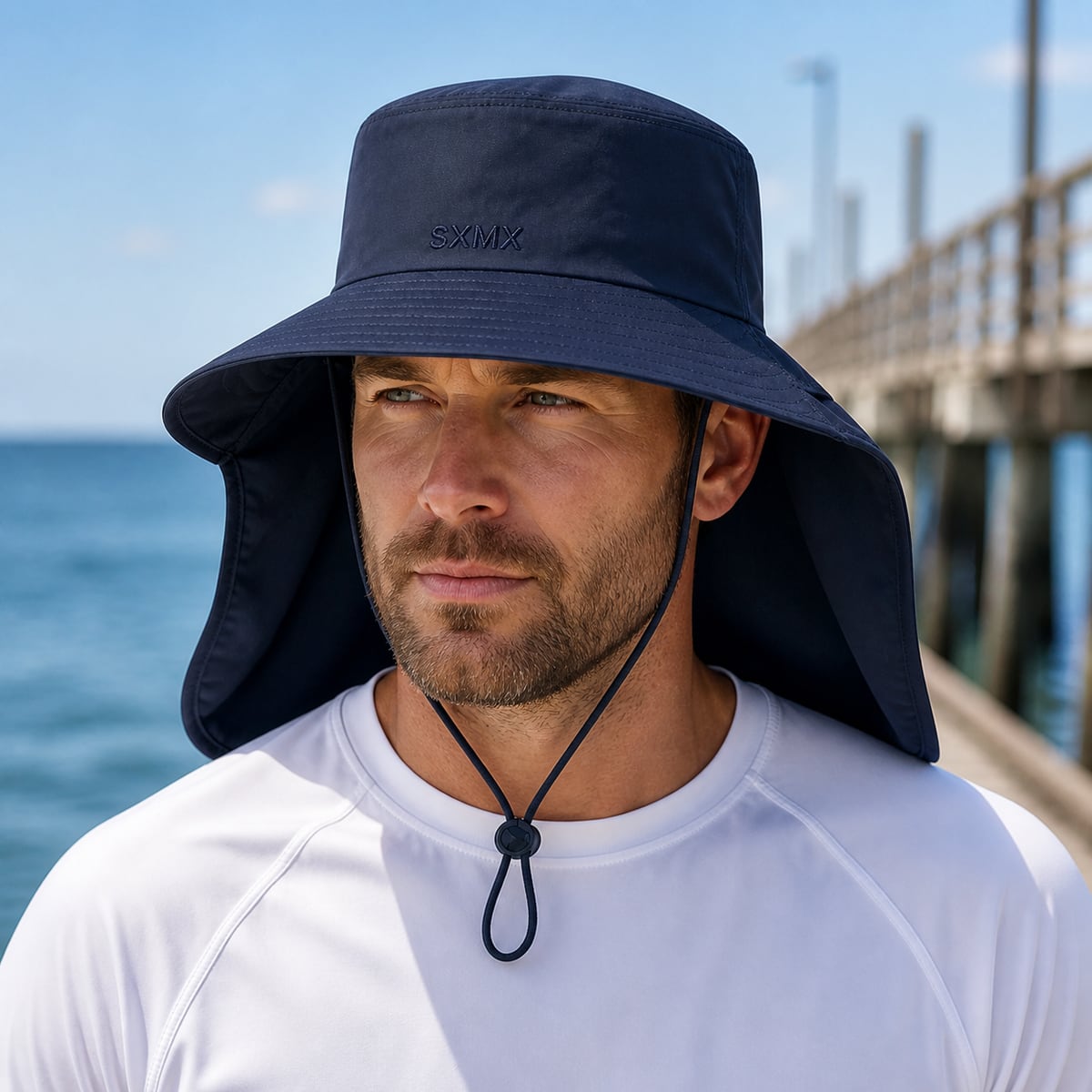 Custom Sun Protection Neck Flap Hat – Style 15 on model