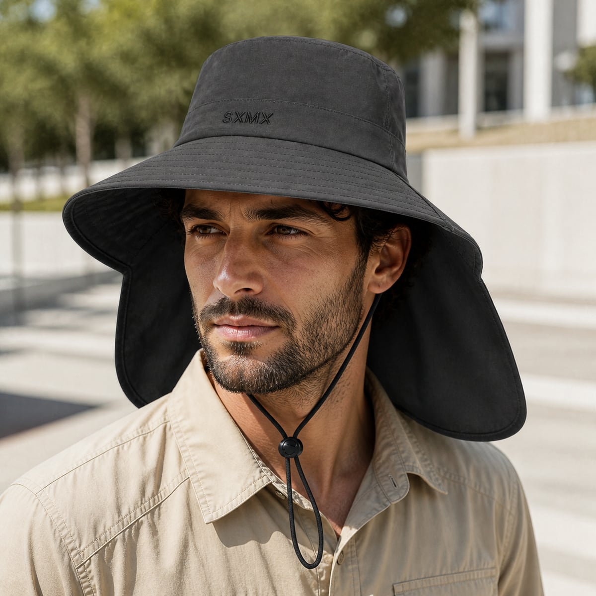 Custom Sun Protection Neck Flap Hat – Style 15 on model