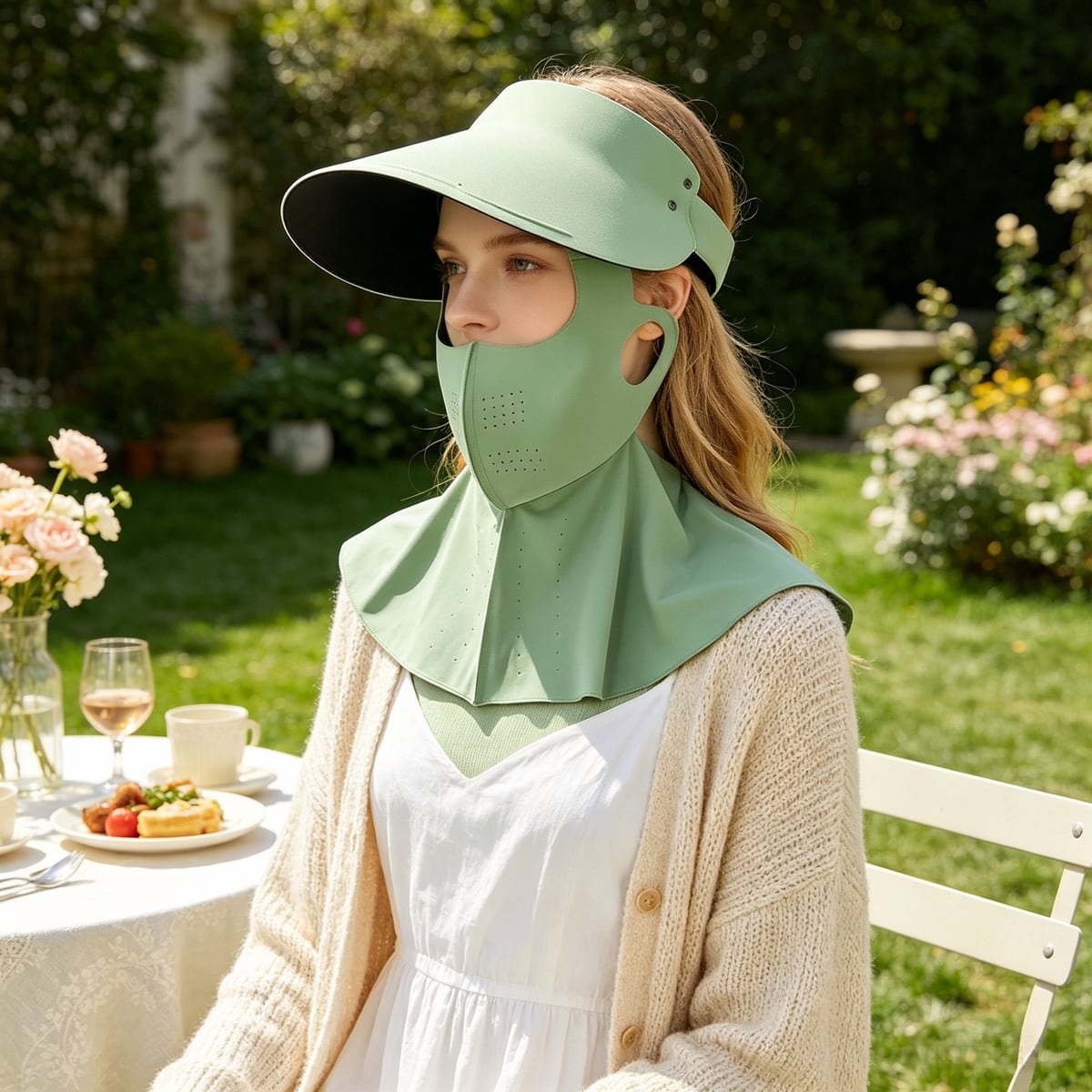 Custom Face Mask Neck Flap Sun Visor Hat, Wide Brim on model