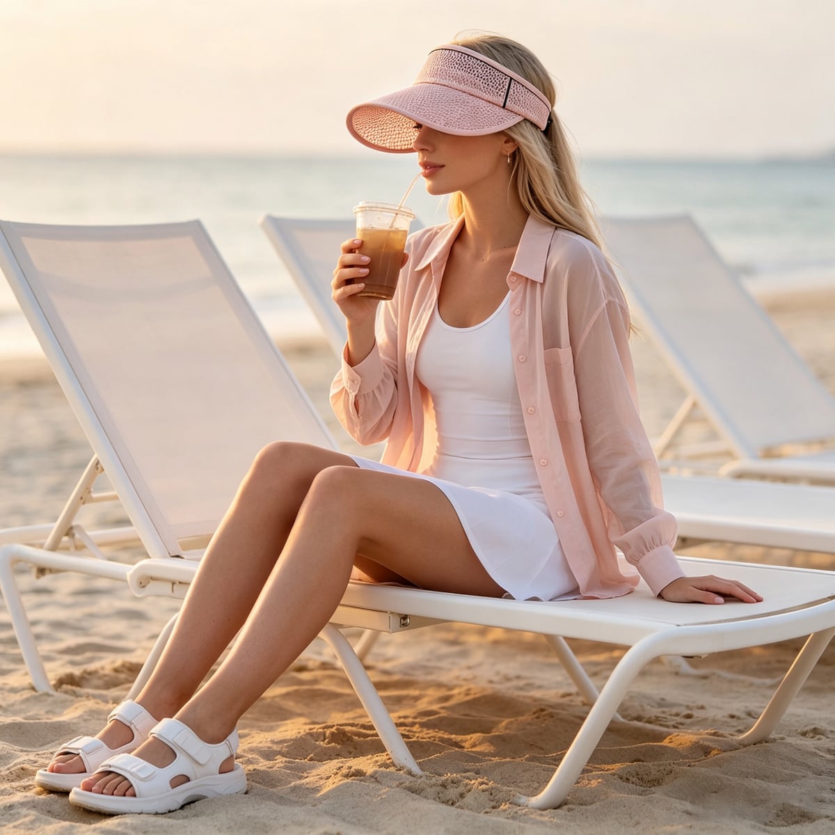 Custom White Lightweight Athletic Open-Top Sun Visor Hat on model
