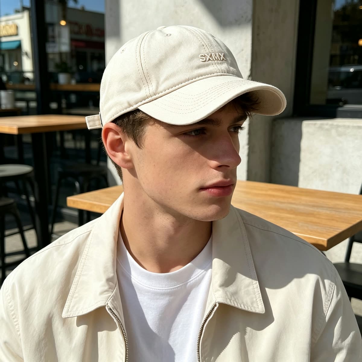 Custom Navy Washed Cotton Dad Cap with Tonal Embroidery on model