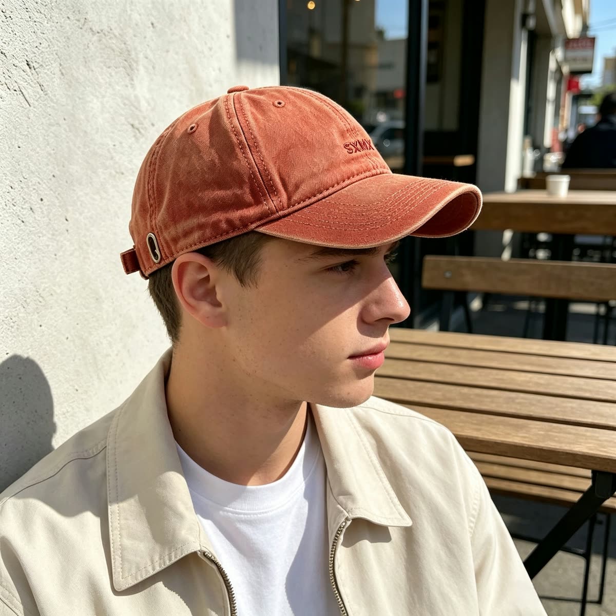 Custom Navy Washed Cotton Dad Cap with Tonal Embroidery on model