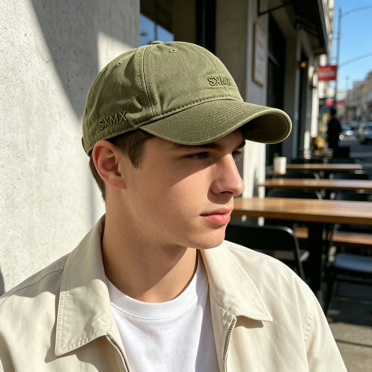 Custom Navy Washed Cotton Dad Cap with Tonal Embroidery on model