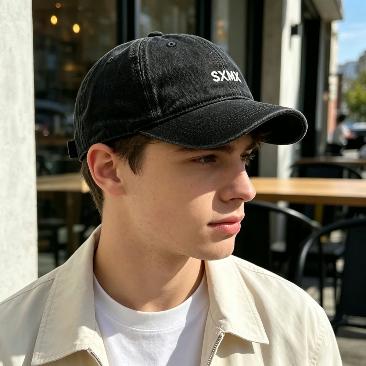 Custom Navy Washed Cotton Dad Cap with Tonal Embroidery on model