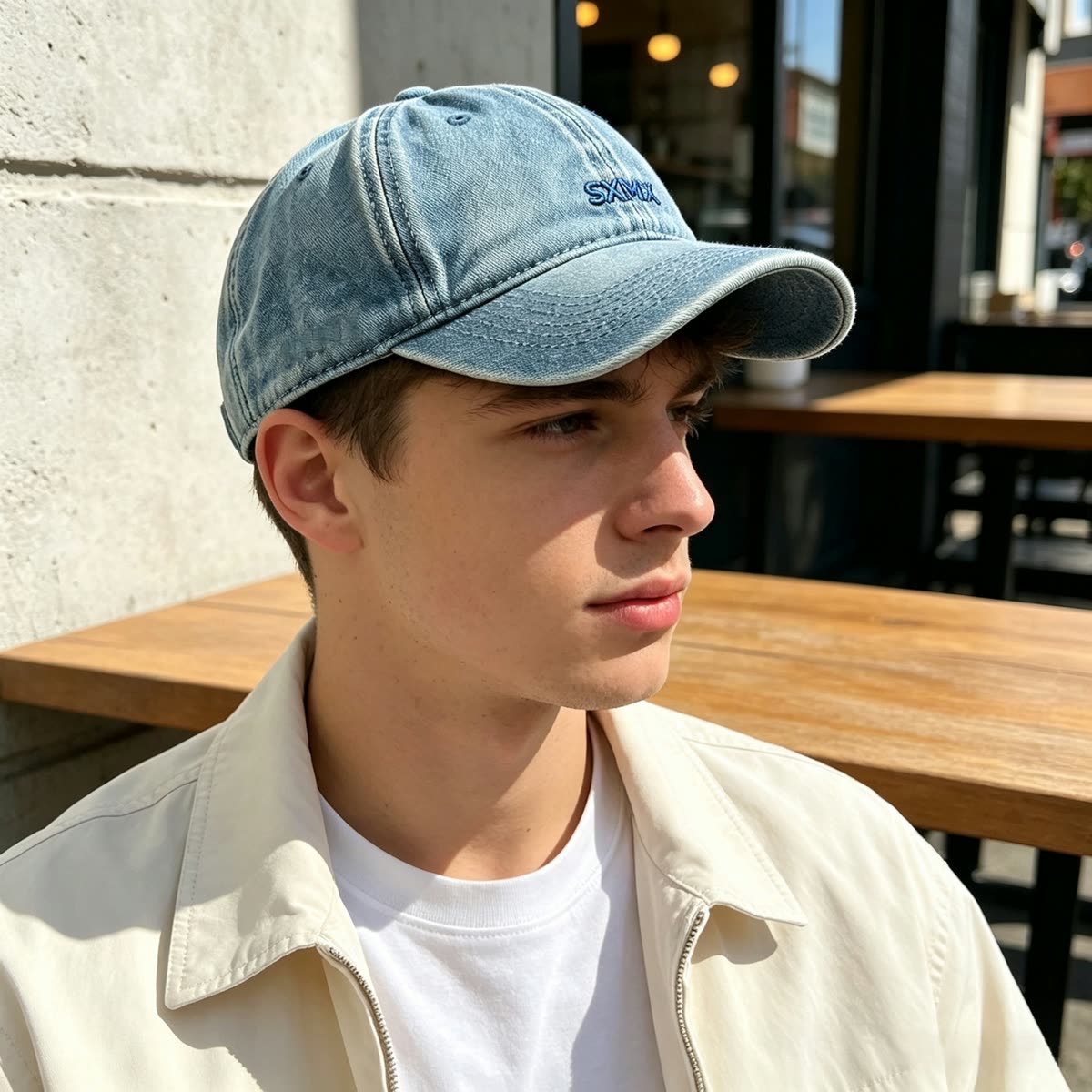Custom Navy Washed Cotton Dad Cap with Tonal Embroidery on model