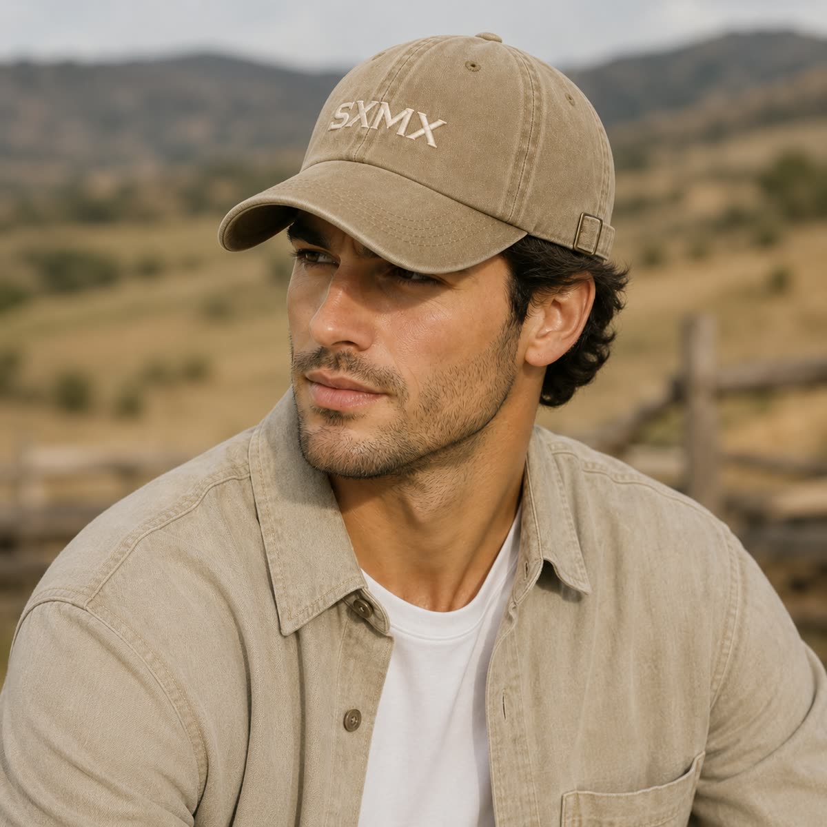 Custom Washed Distressed Baseball Cap with Tonal Embroidery on model