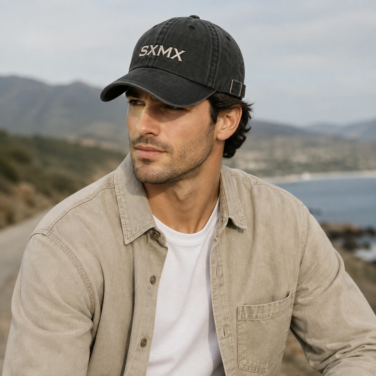 Custom Washed Distressed Baseball Cap with Tonal Embroidery on model