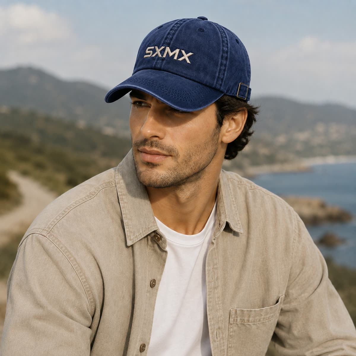 Custom Washed Distressed Baseball Cap with Tonal Embroidery on model