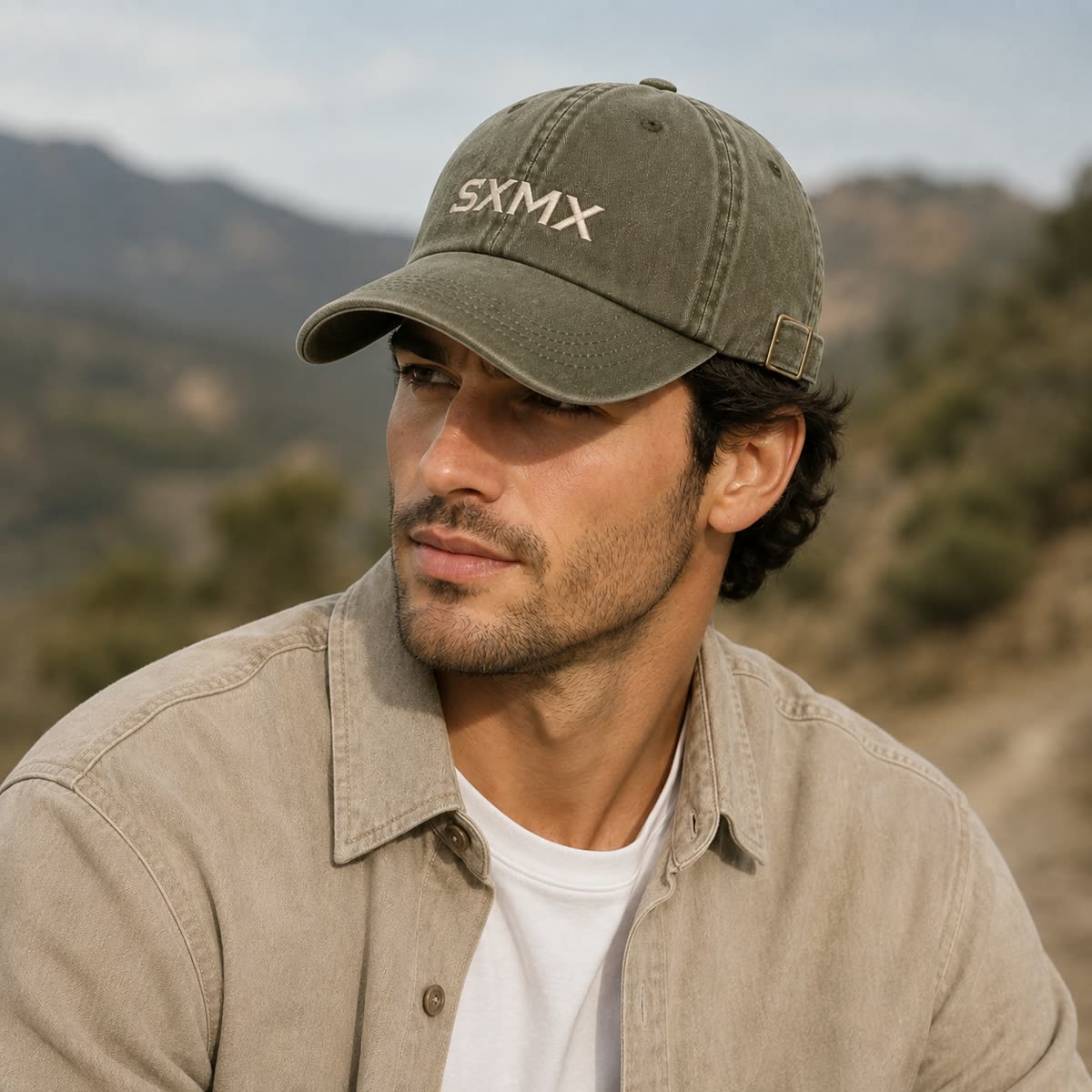 Custom Washed Distressed Baseball Cap with Tonal Embroidery on model