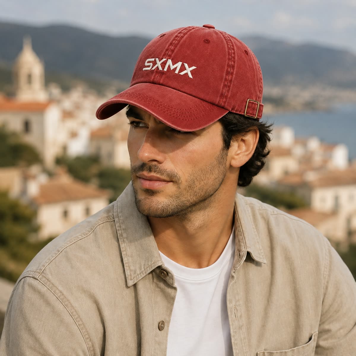 Custom Washed Distressed Baseball Cap with Tonal Embroidery on model