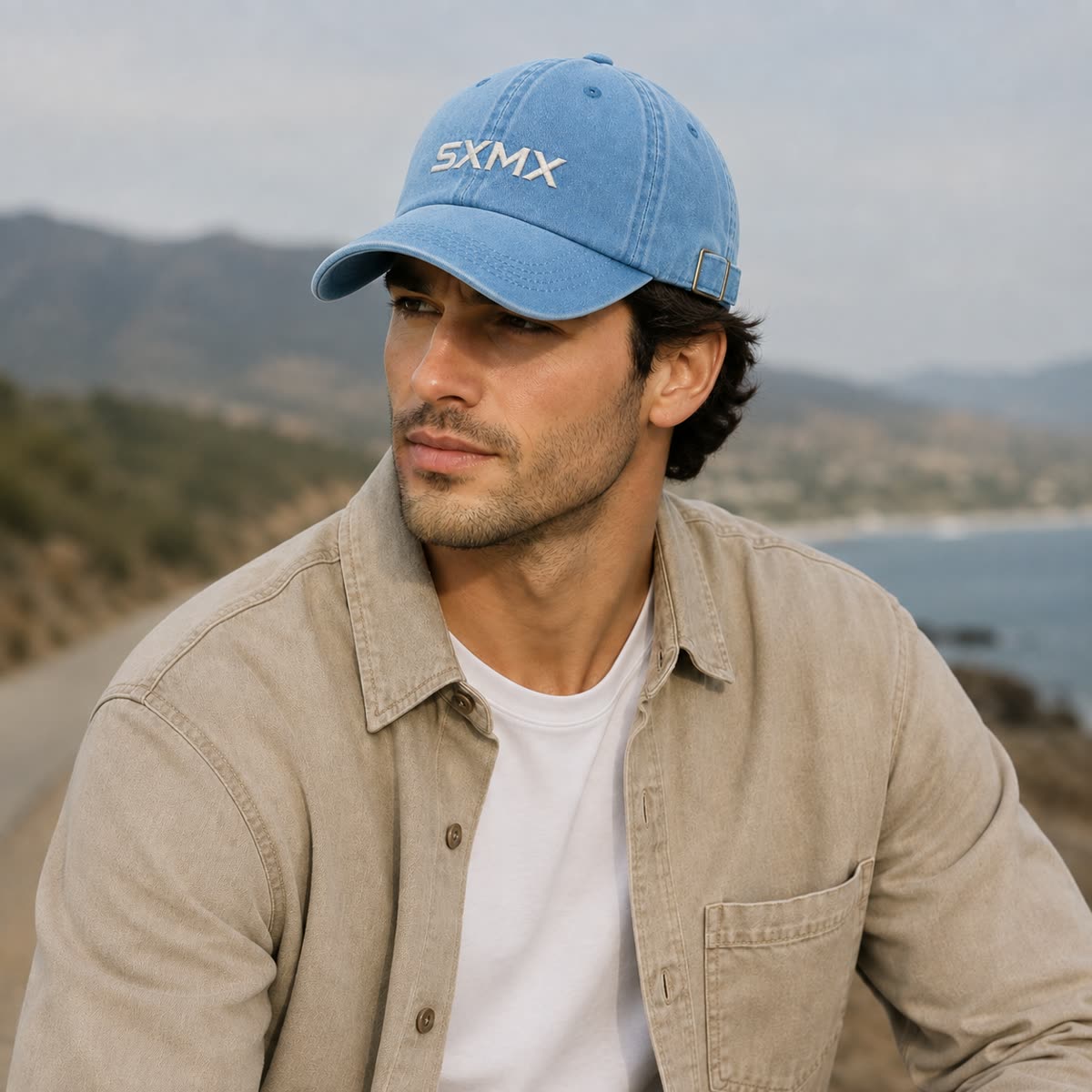 Custom Washed Distressed Baseball Cap with Tonal Embroidery on model
