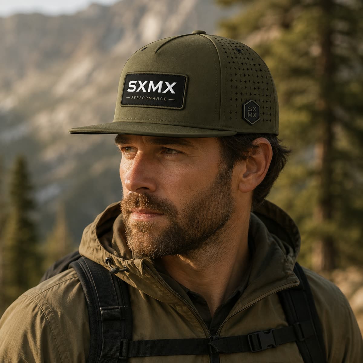 Custom Perforated Flat Brim Cap with Hexagon Badge on model
