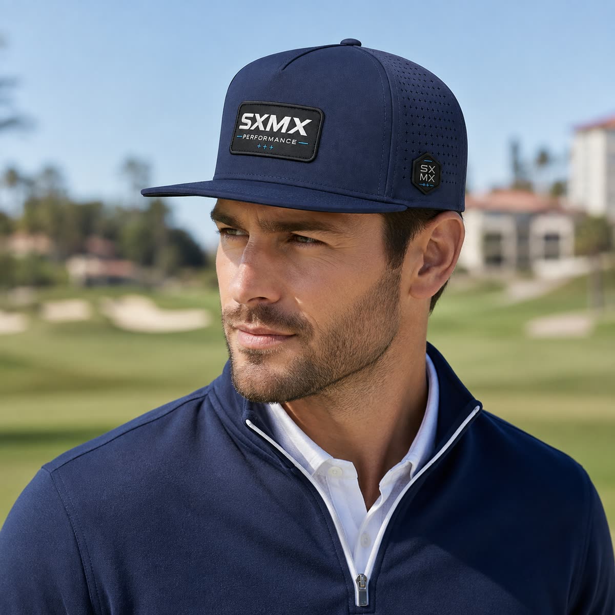Custom Perforated Flat Brim Cap with Hexagon Badge on model