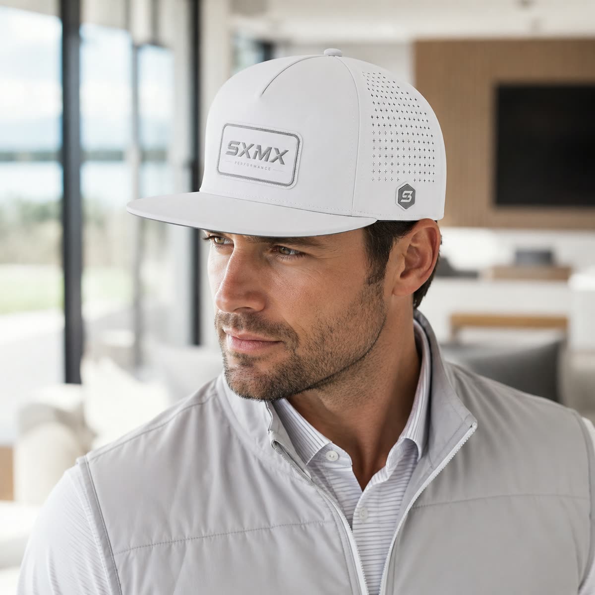 Custom Perforated Flat Brim Cap with Hexagon Badge on model