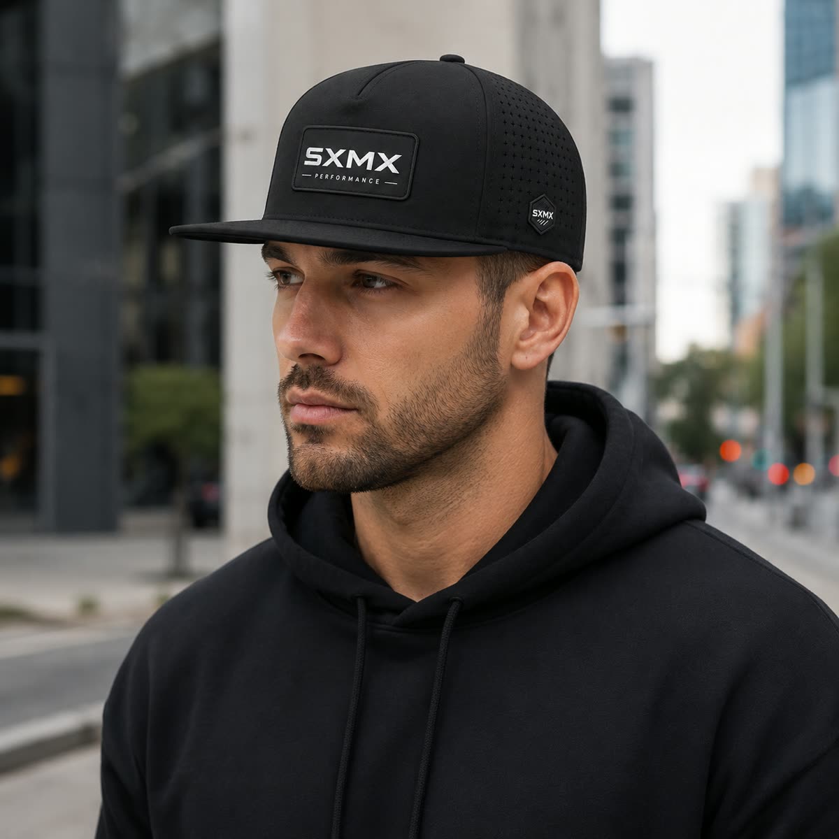 Custom Perforated Flat Brim Cap with Hexagon Badge on model