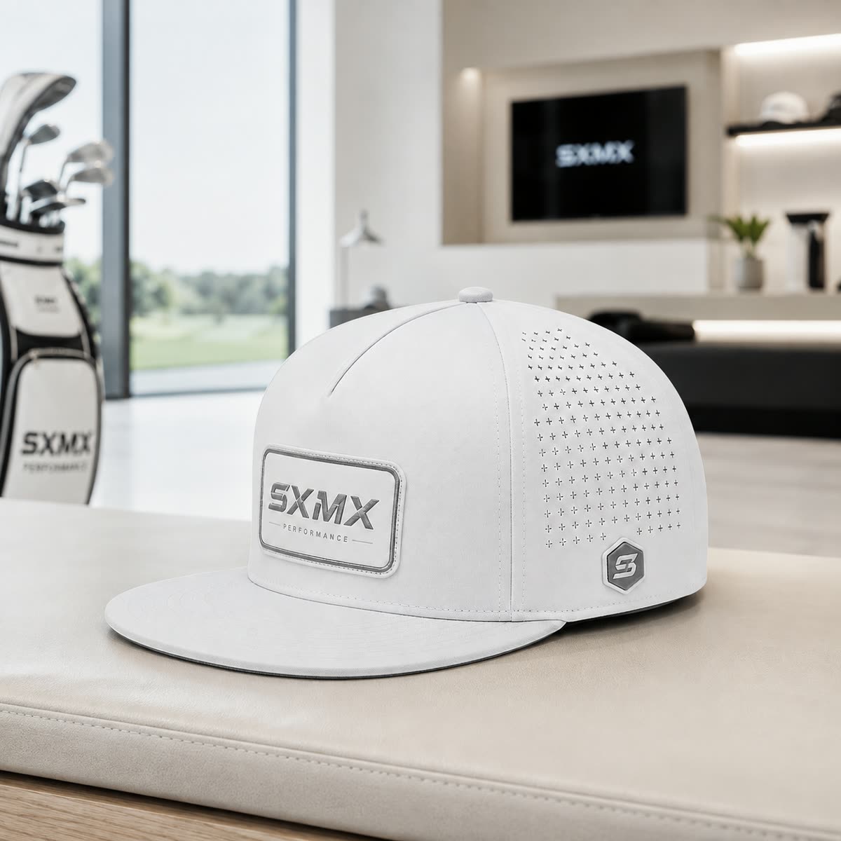 Custom Perforated Flat Brim Cap with Hexagon Badge scene
