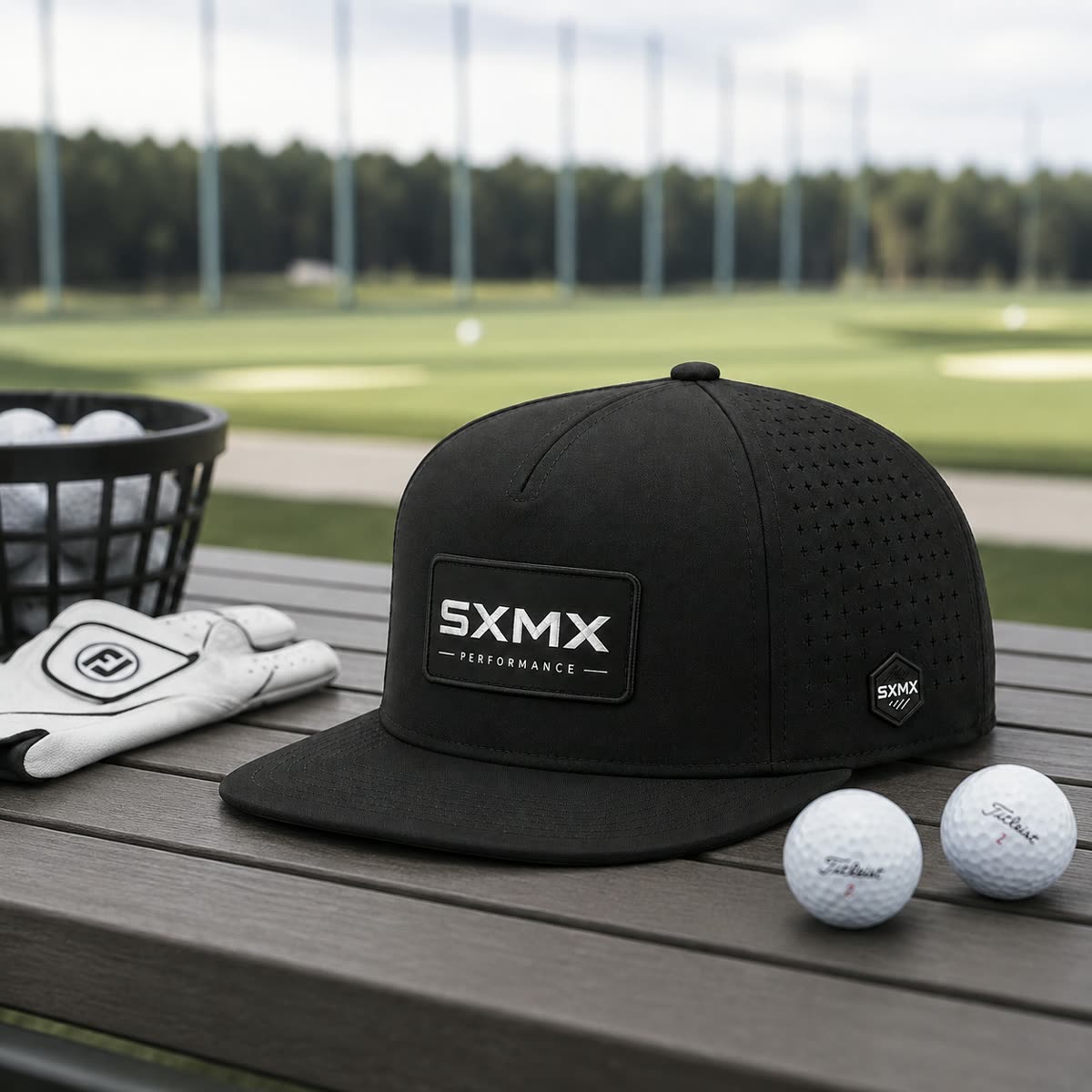 Custom Perforated Flat Brim Cap with Hexagon Badge scene