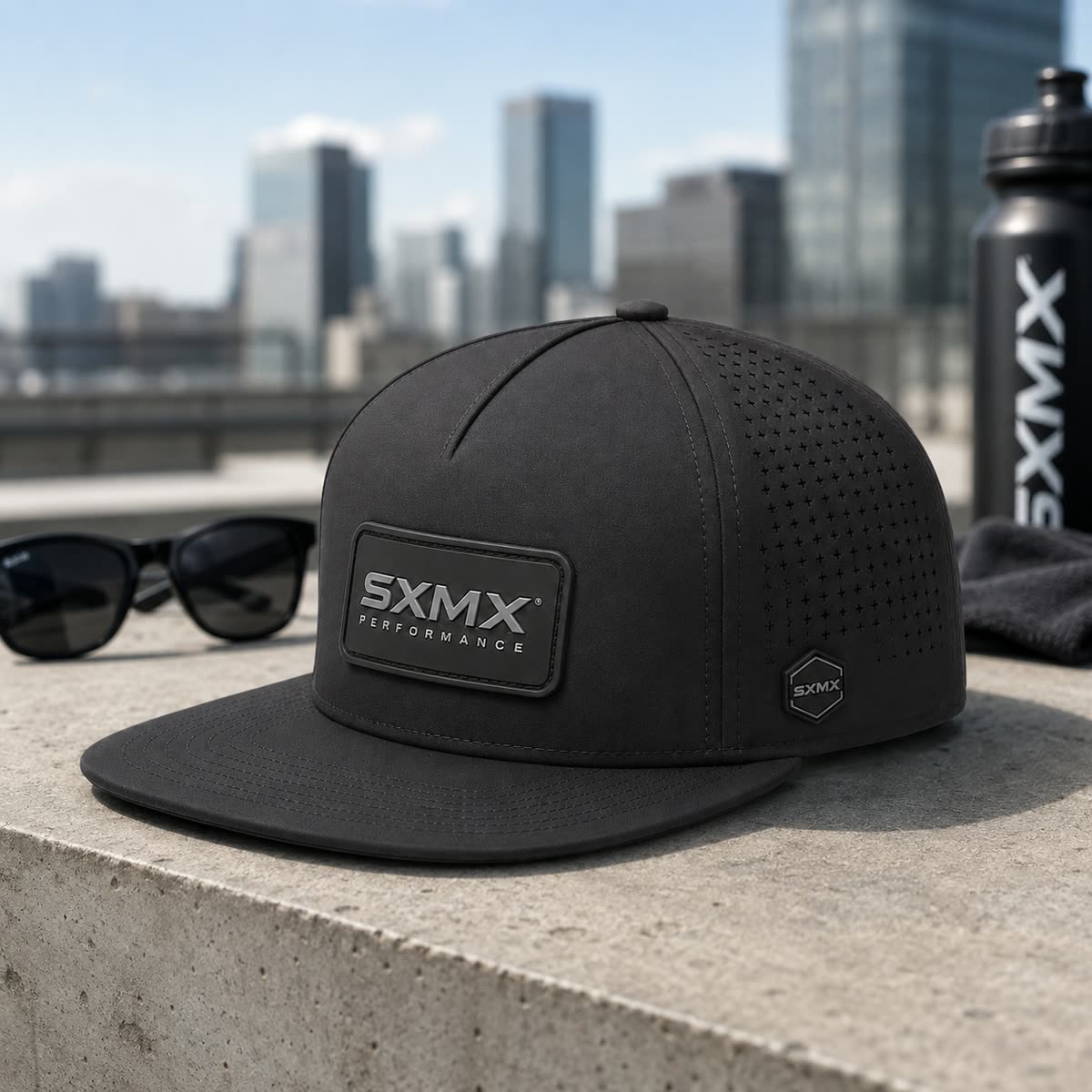 Custom Perforated Flat Brim Cap with Hexagon Badge scene