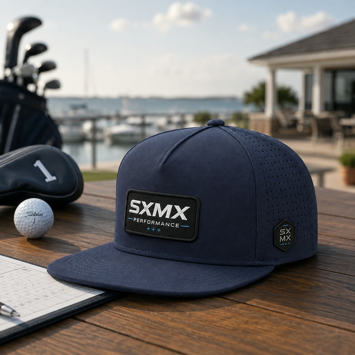 Custom Perforated Flat Brim Cap with Hexagon Badge scene