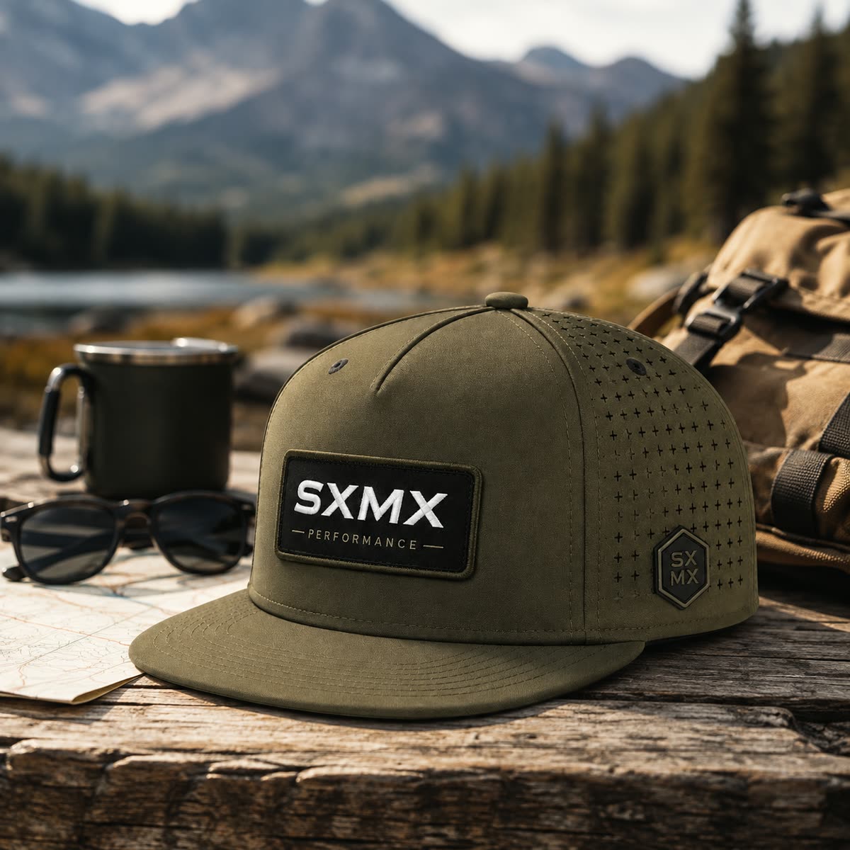 Custom Perforated Flat Brim Cap with Hexagon Badge scene