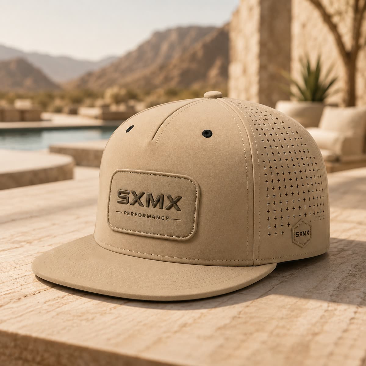 Custom Perforated Flat Brim Cap with Hexagon Badge scene
