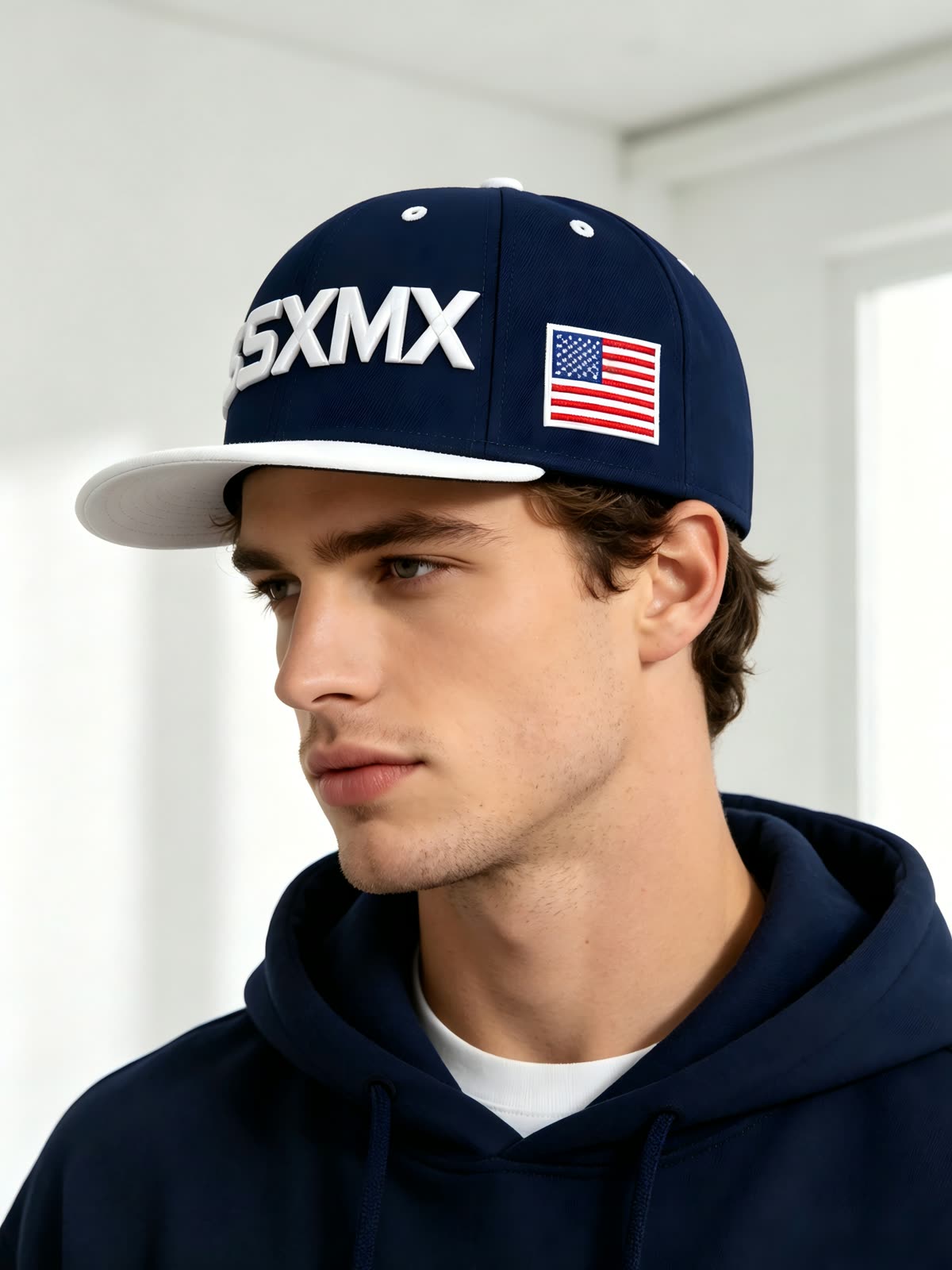 Custom 3D Embroidery Flat Brim Cap with Royal Blue Brim on model