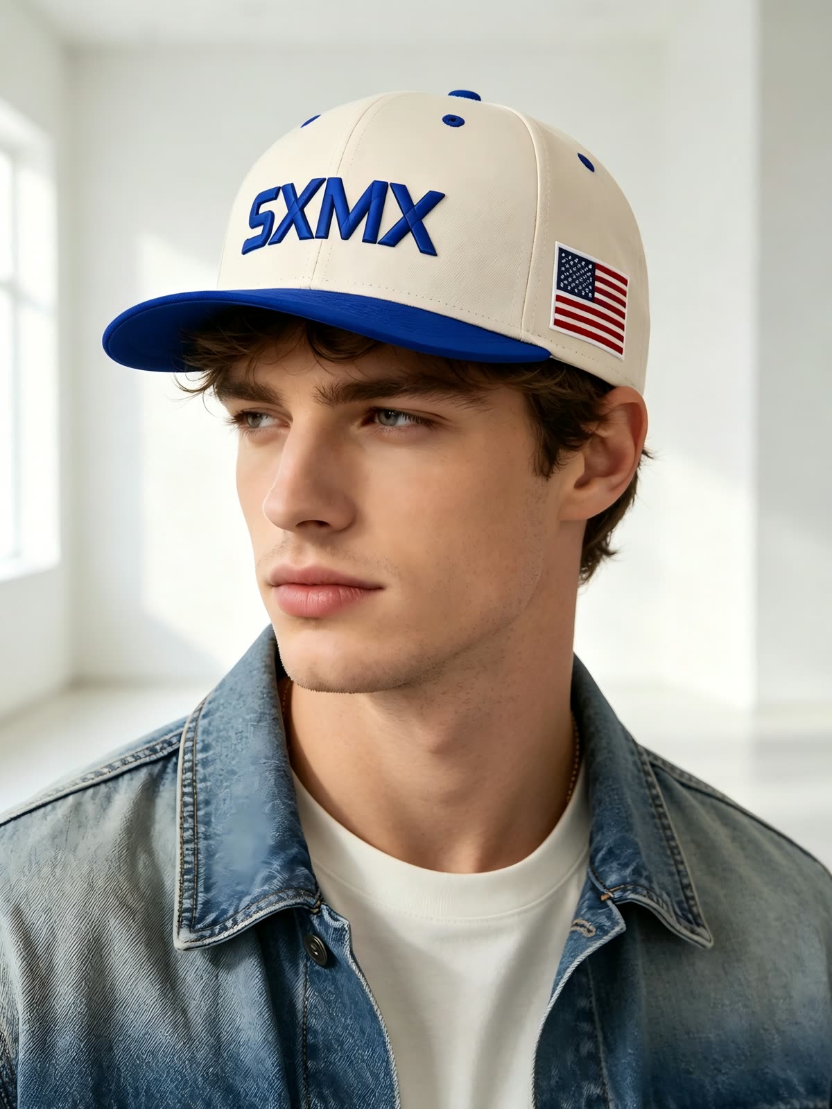 Custom 3D Embroidery Flat Brim Cap with Royal Blue Brim on model