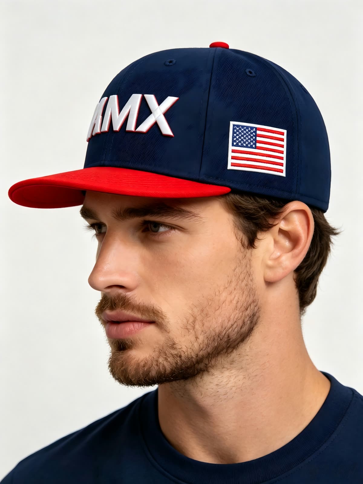 Custom 3D Embroidery Flat Brim Cap with Royal Blue Brim on model