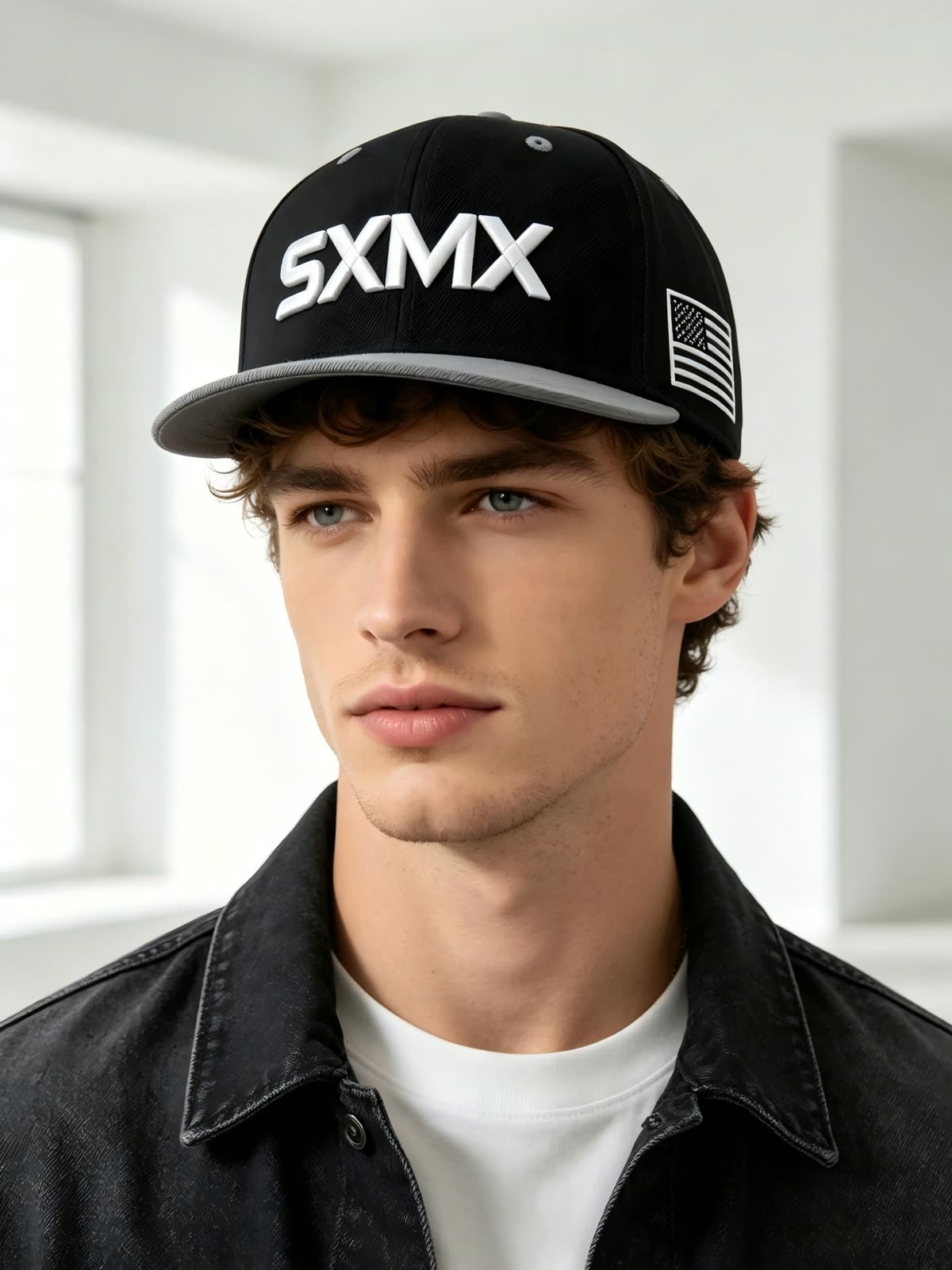 Custom 3D Embroidery Flat Brim Cap with Royal Blue Brim on model
