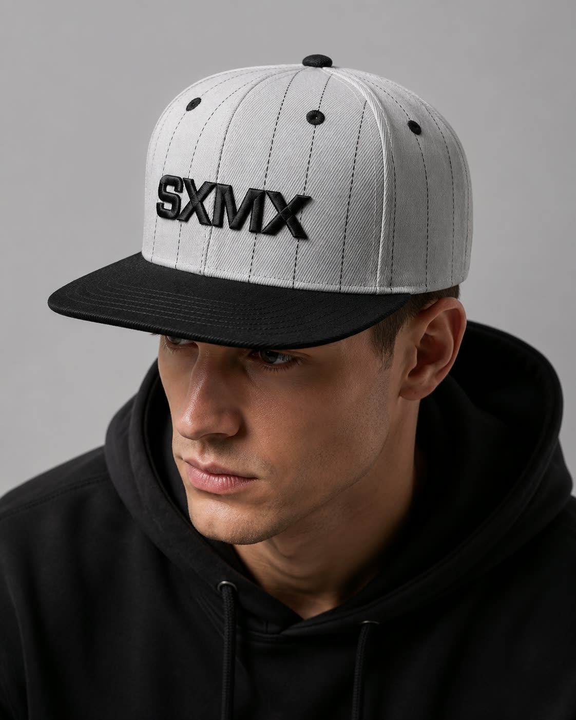 Custom Olive Pinstripe Flat Brim Cap with Tan Brim on model