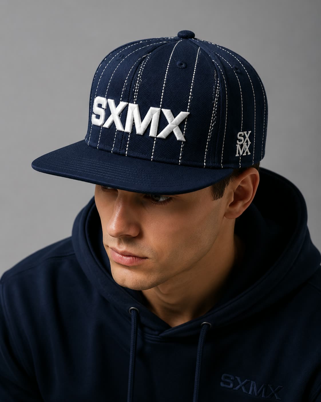 Custom Olive Pinstripe Flat Brim Cap with Tan Brim on model