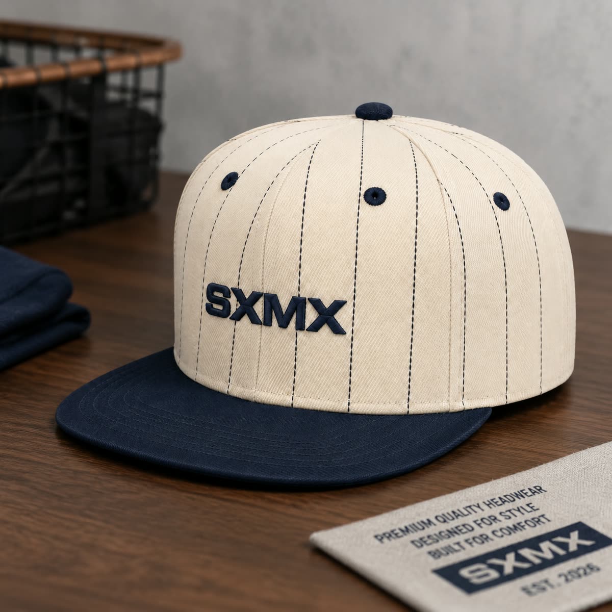 Custom Olive Pinstripe Flat Brim Cap with Tan Brim scene