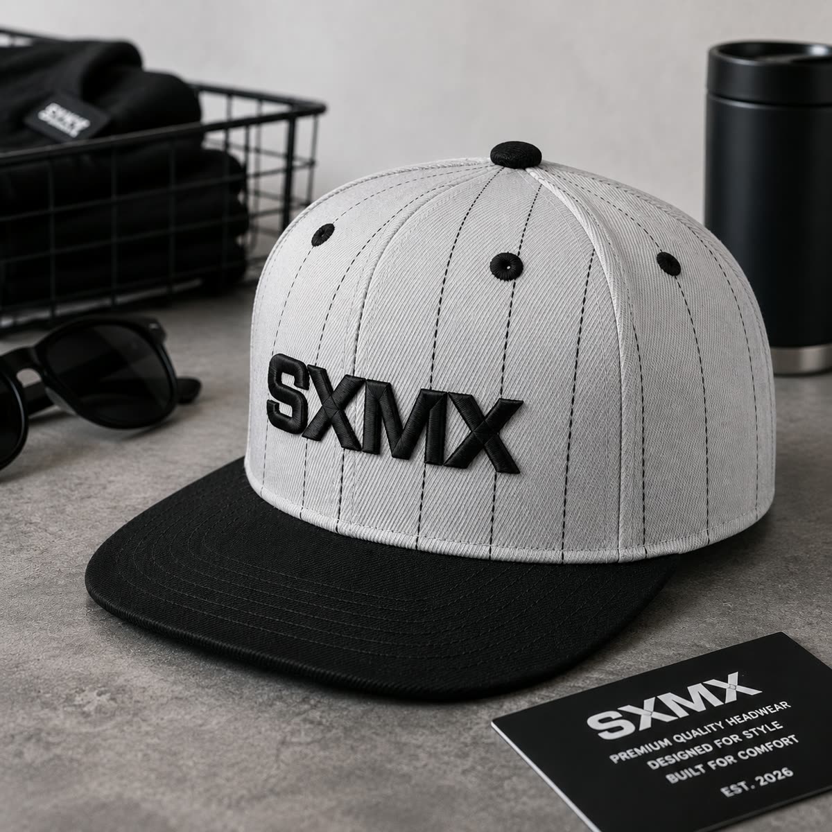 Custom Olive Pinstripe Flat Brim Cap with Tan Brim scene