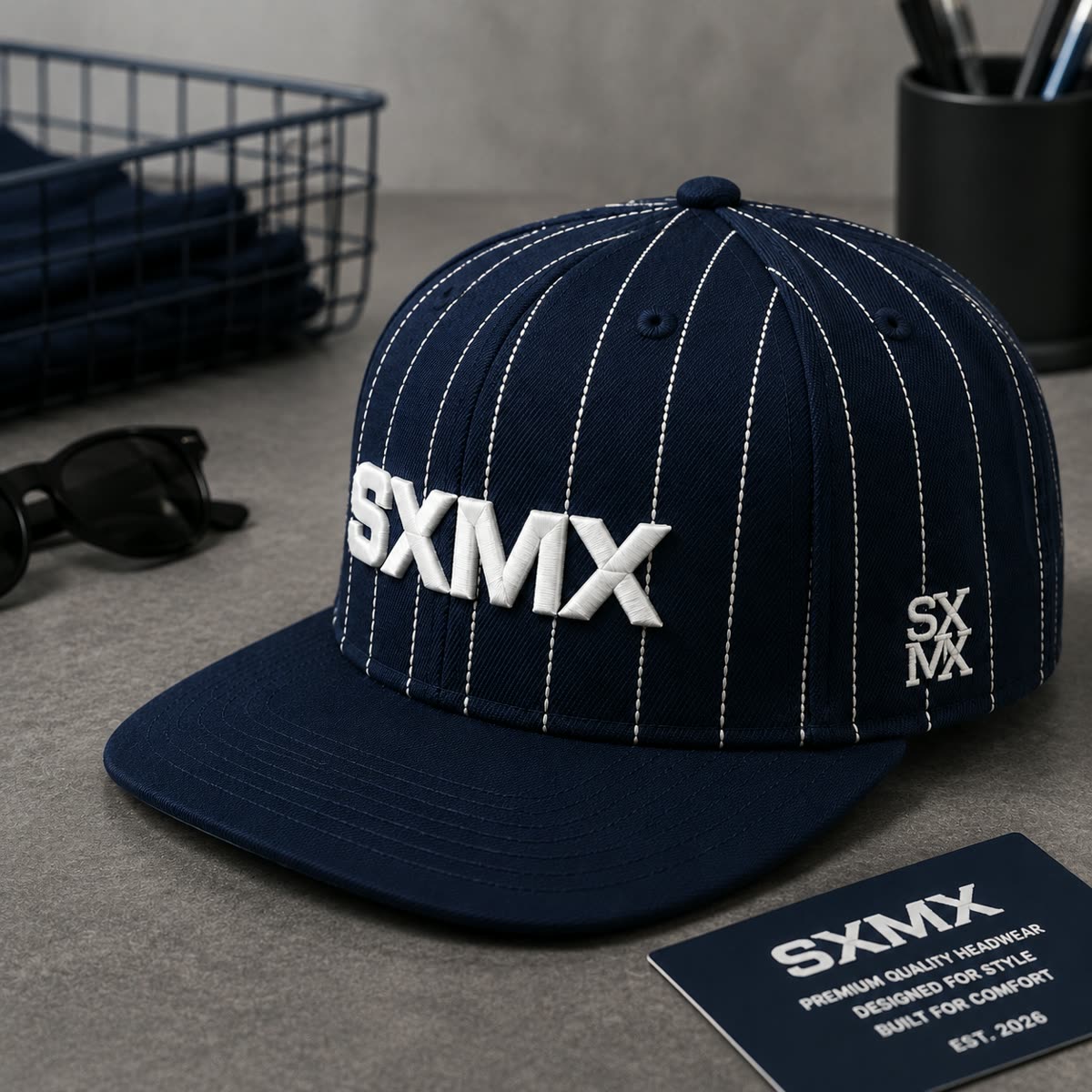 Custom Olive Pinstripe Flat Brim Cap with Tan Brim scene
