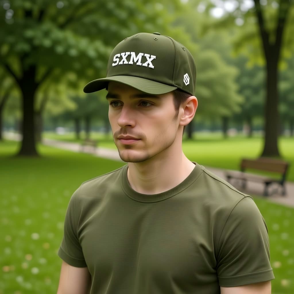 Custom All Black Performance Baseball Cap with White Embroidery on model