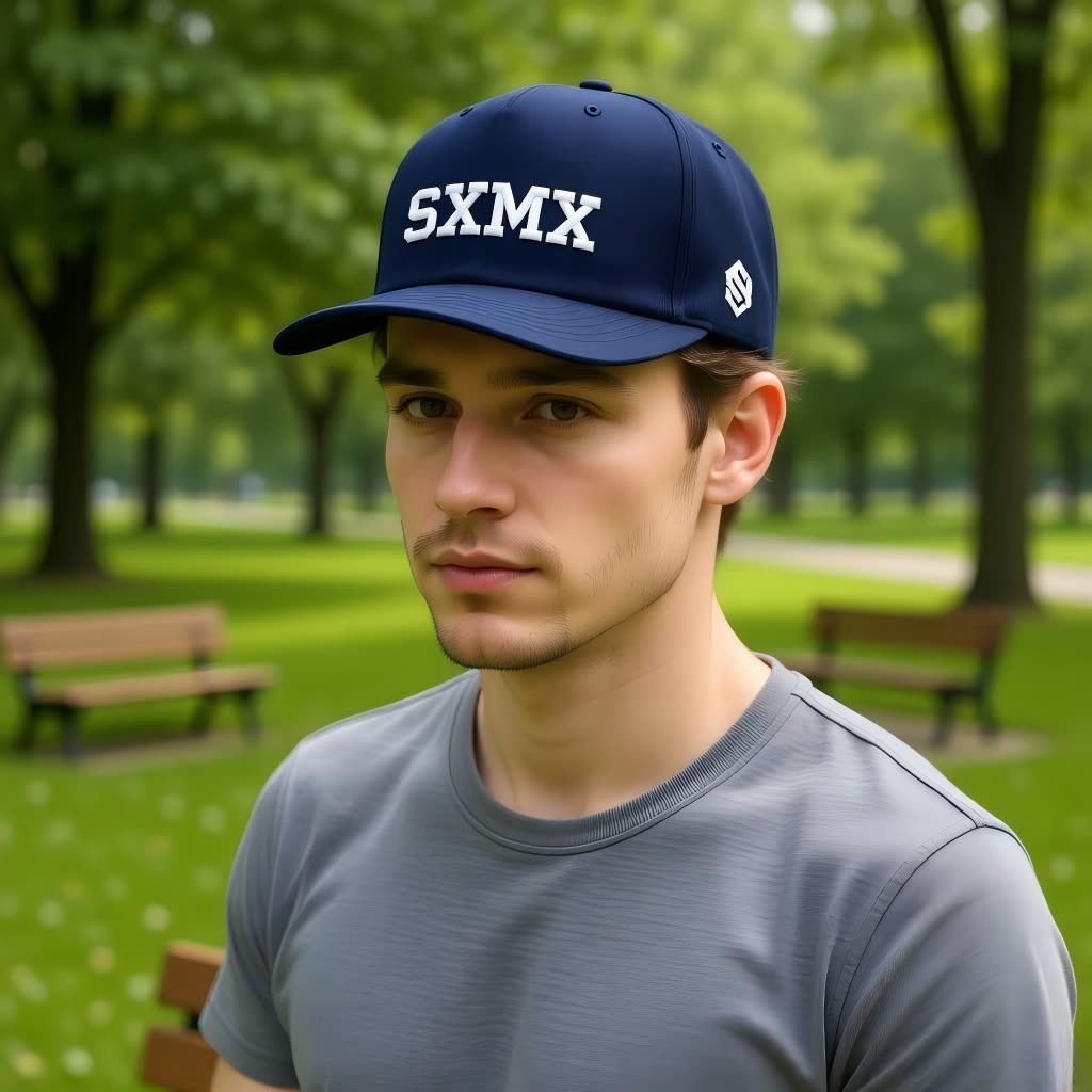 Custom All Black Performance Baseball Cap with White Embroidery on model