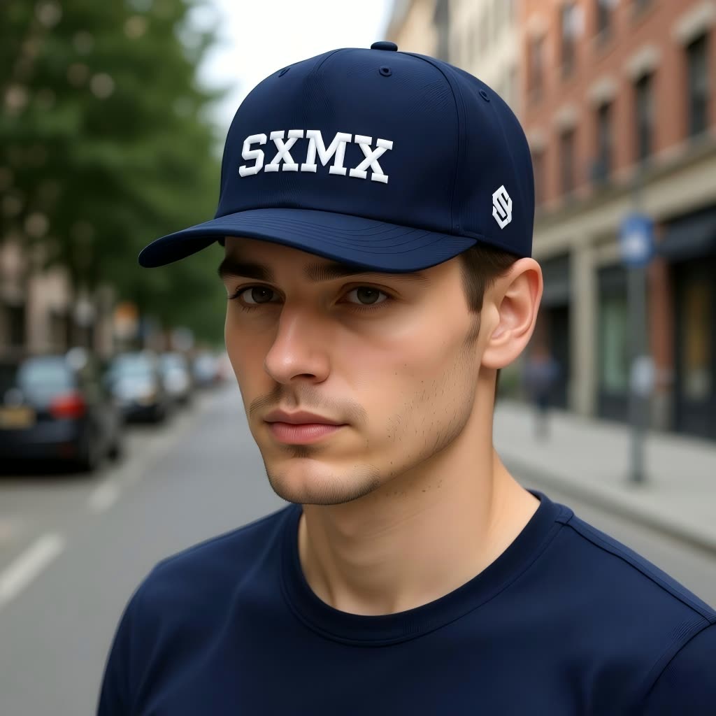 Custom All Black Performance Baseball Cap with White Embroidery on model