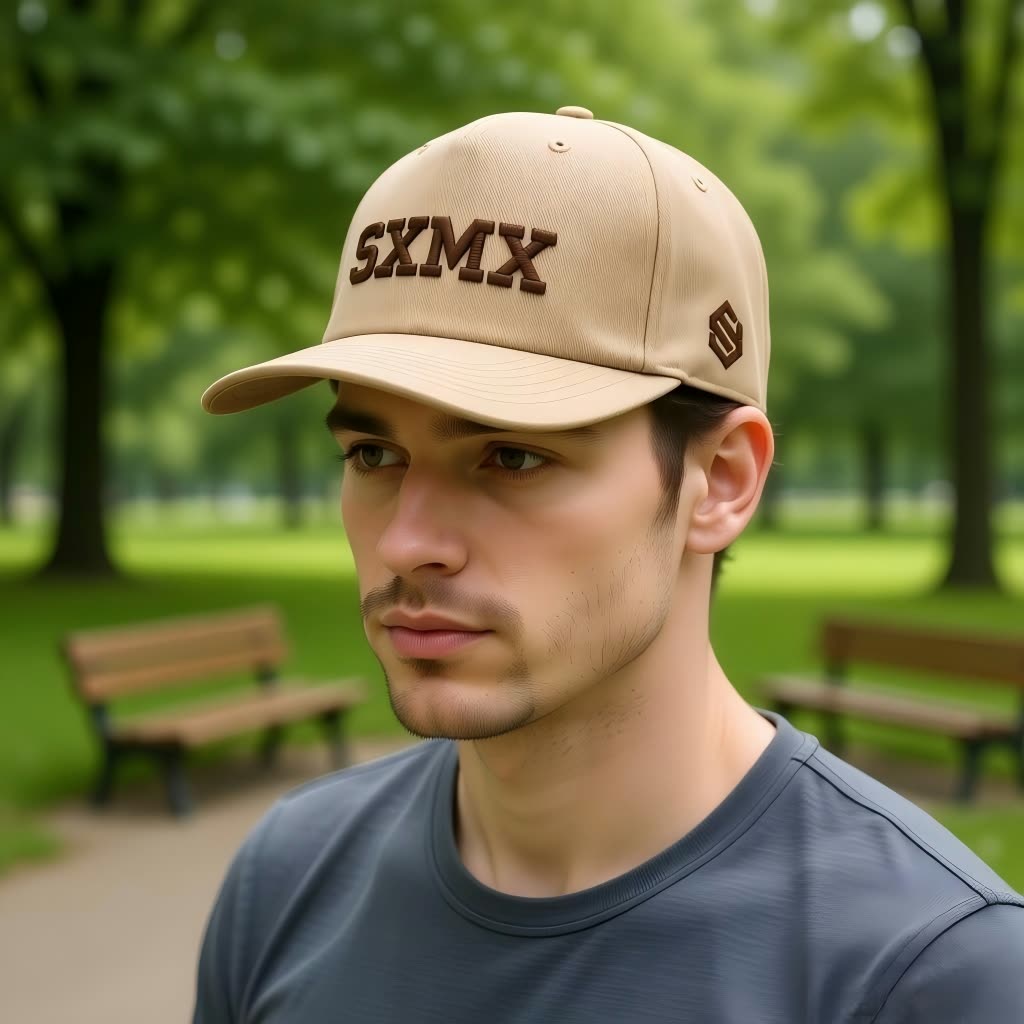 Custom All Black Performance Baseball Cap with White Embroidery on model