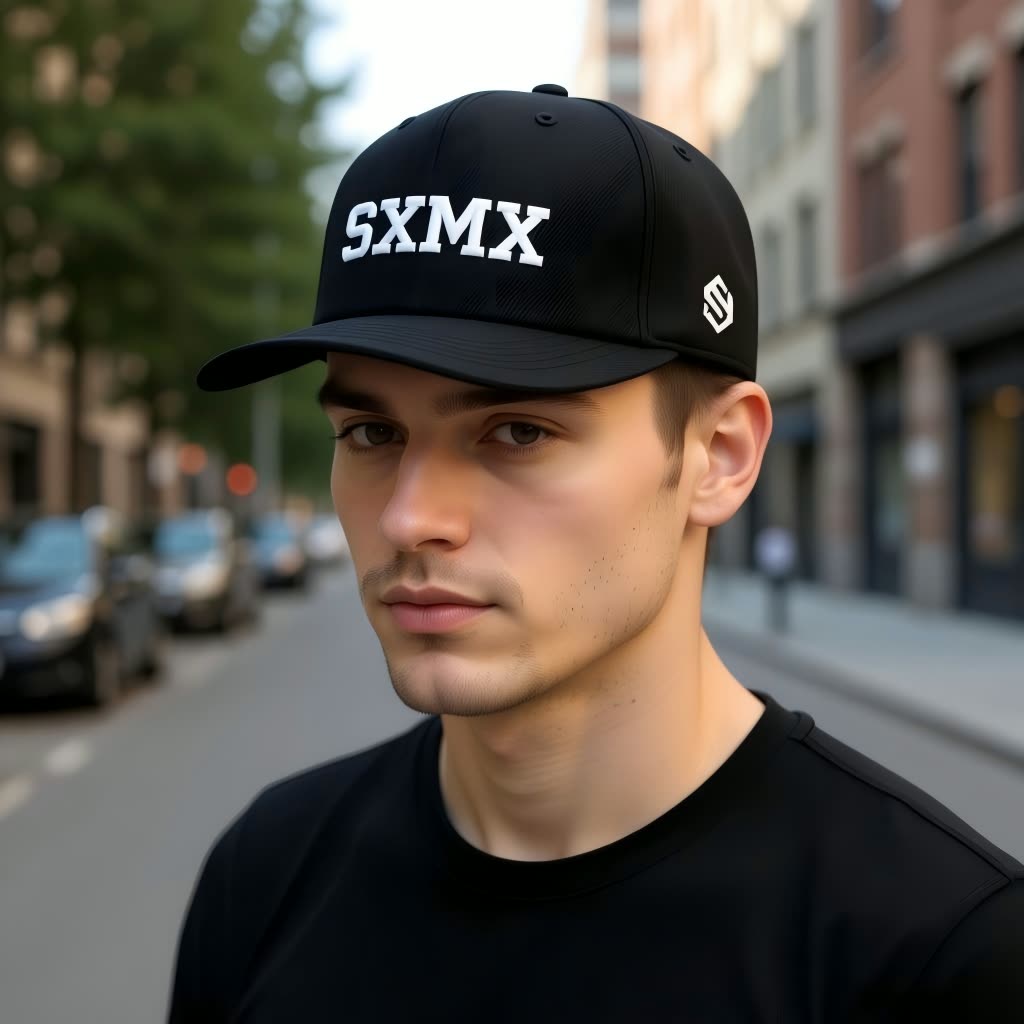 Custom All Black Performance Baseball Cap with White Embroidery on model