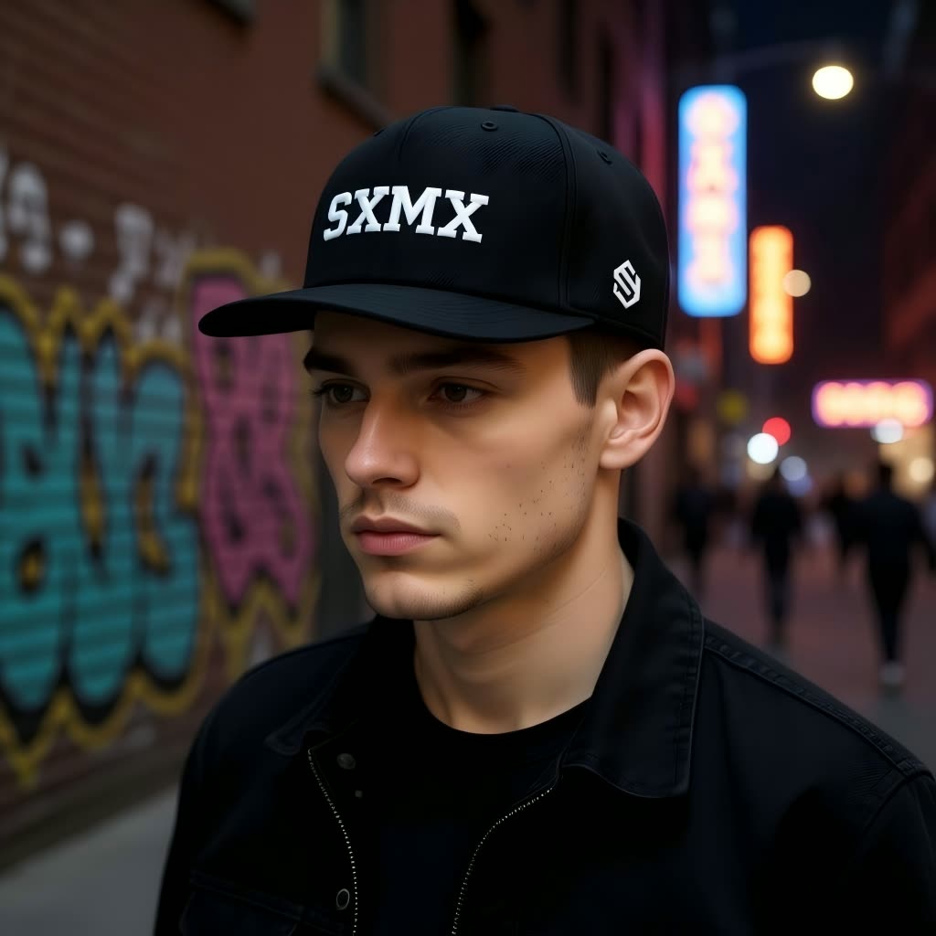 Custom All Black Performance Baseball Cap with White Embroidery on model