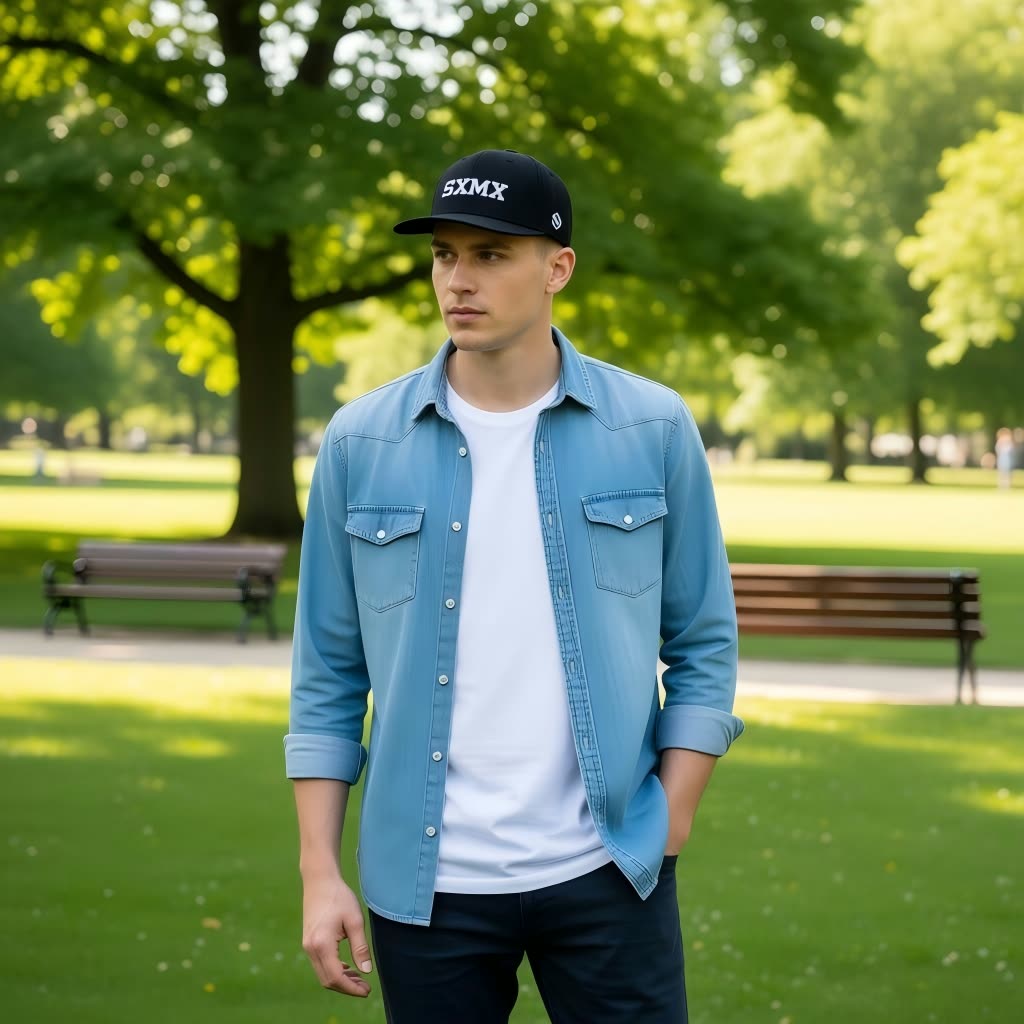 Custom All Black Performance Baseball Cap with White Embroidery on model