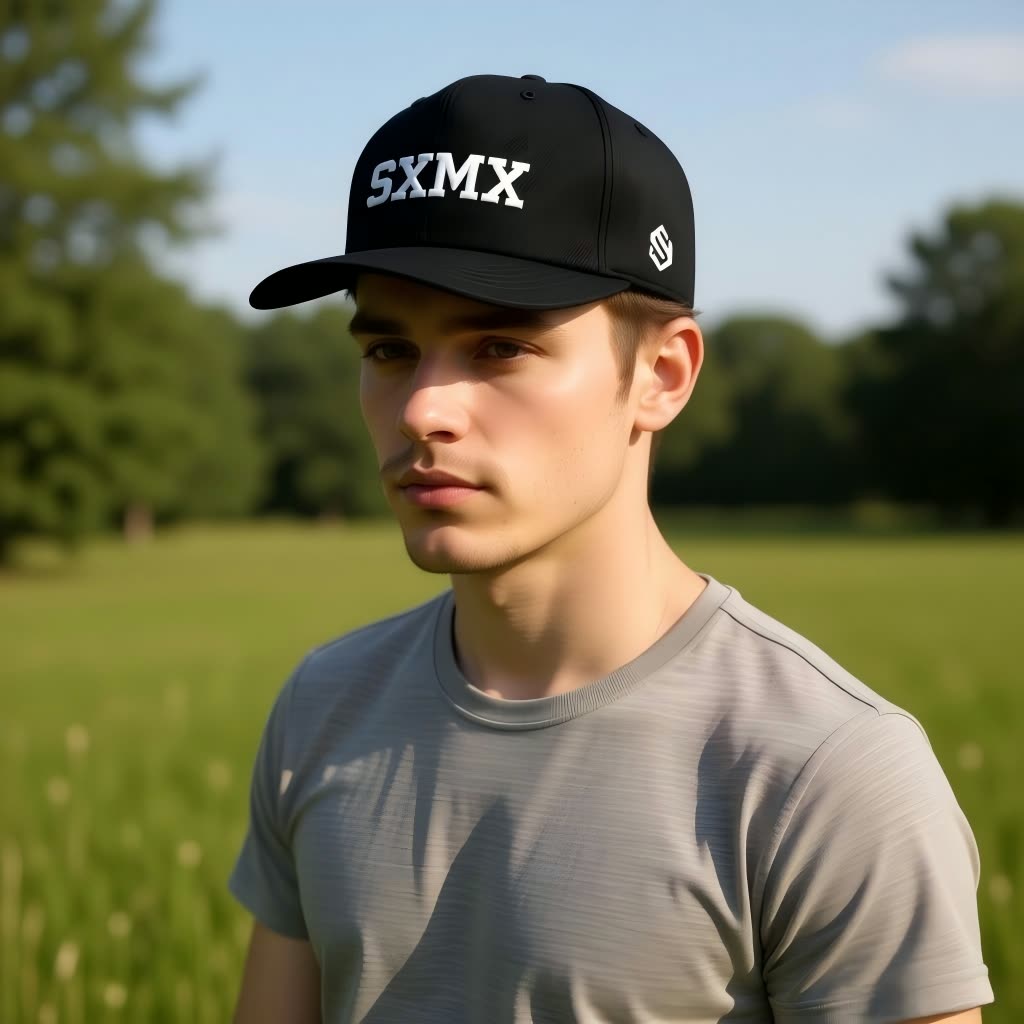 Custom All Black Performance Baseball Cap with White Embroidery on model