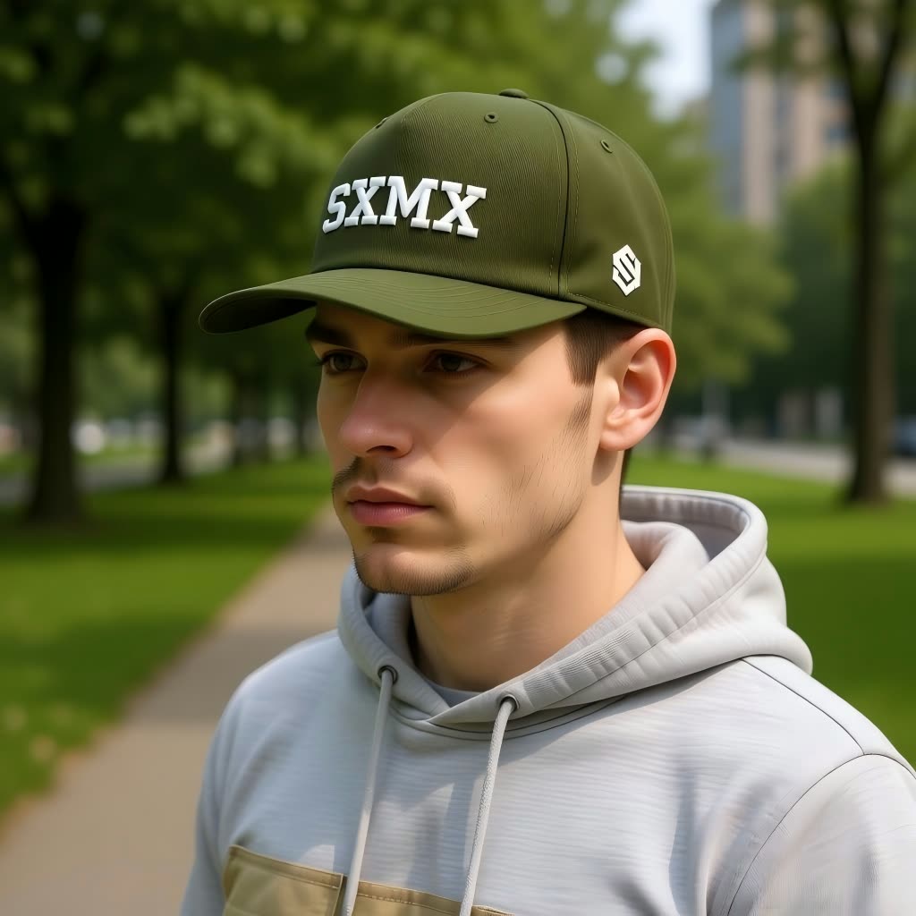 Custom All Black Performance Baseball Cap with White Embroidery on model