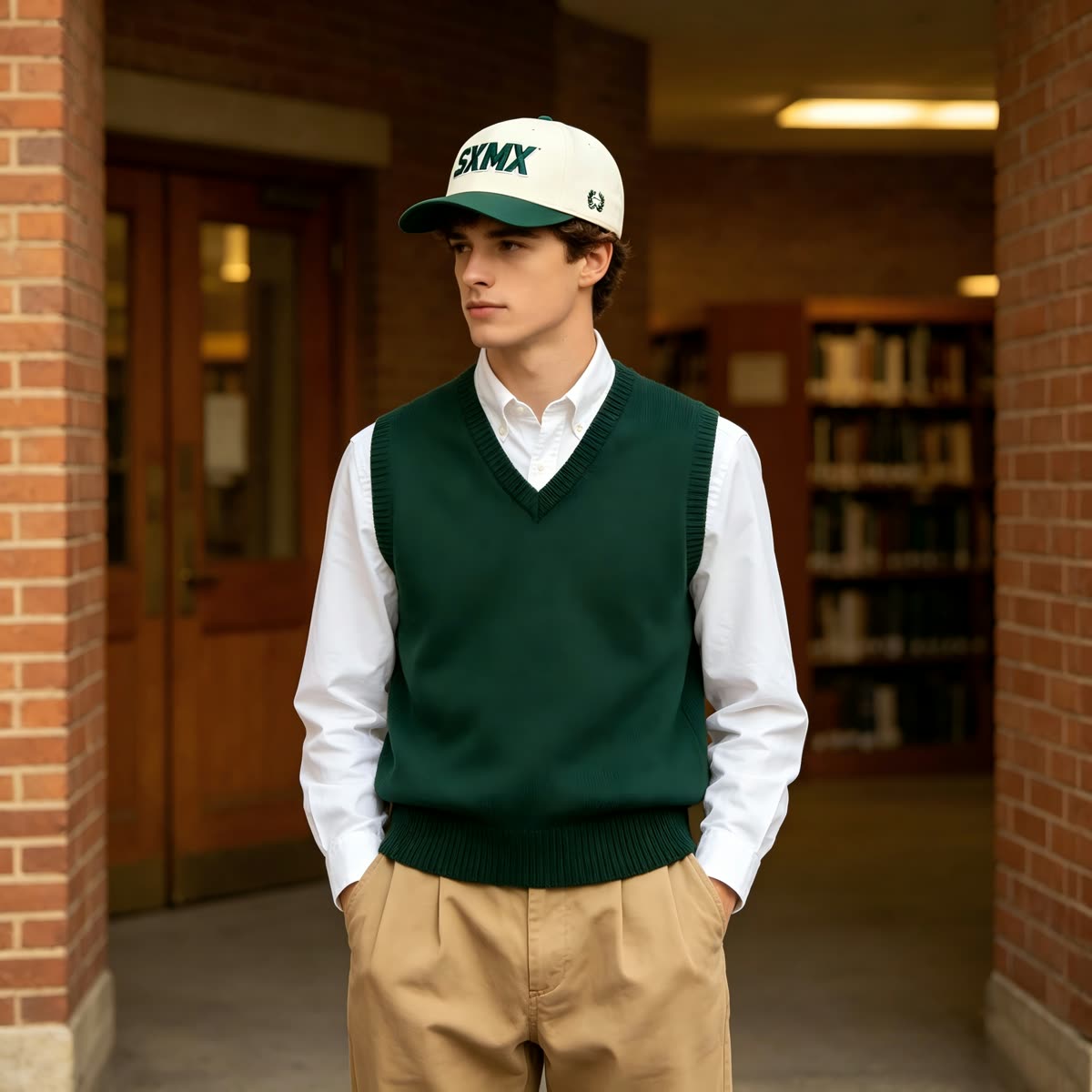 Custom White and Green Embroidered Lettering Cap on model