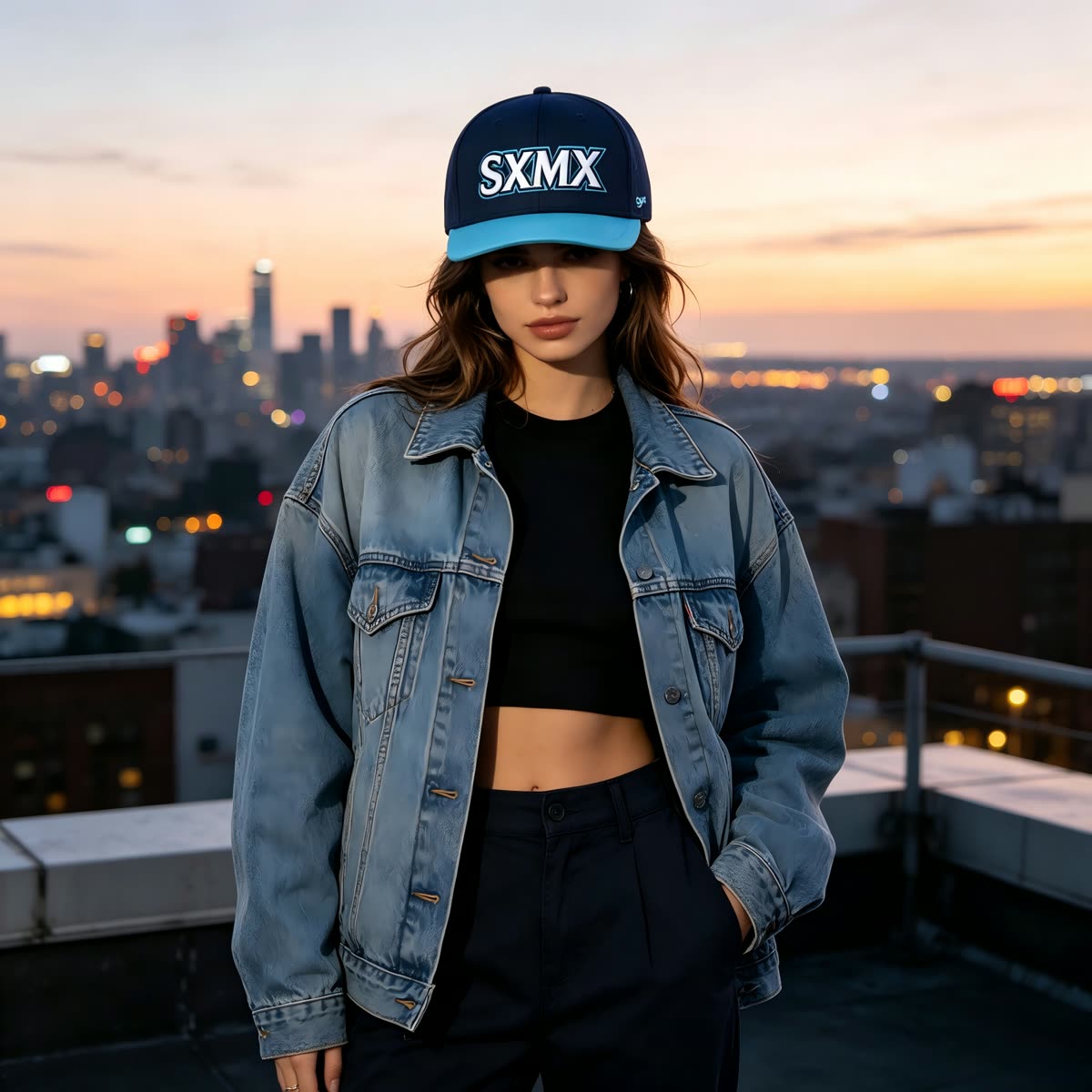 Custom White and Green Embroidered Lettering Cap on model