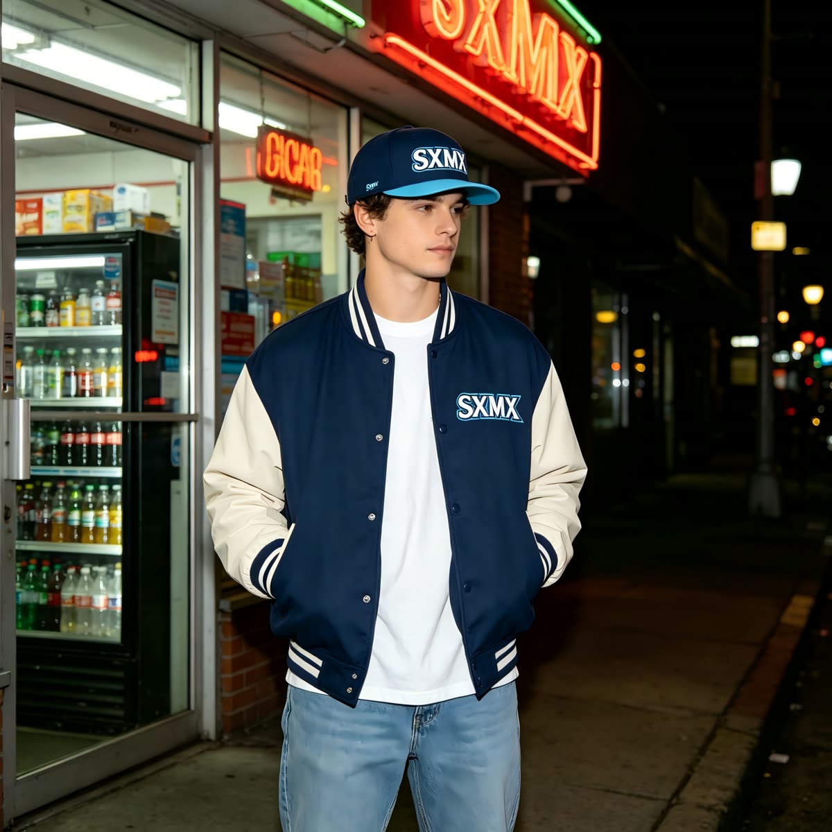 Custom White and Green Embroidered Lettering Cap on model